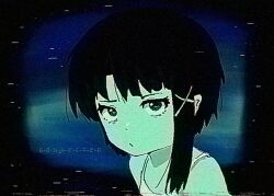  1girl abstract_background asymmetrical_hair black_eyes black_hair blurry blurry_background blurry_foreground camisole commentary english_commentary english_text hair_ornament iwakura_lain portrait serial_experiments_lain short_hair single_sidelock solo static treepxiv vhs_artifacts white_camisole x_hair_ornament 