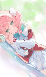  1girl absurdres akuari aqua_eyes aqua_hair aqua_ribbon charm_(object) closed_mouth detached_sleeves dress drill_hair hair_between_eyes hair_intakes highres honkai:_star_rail honkai_(series) hyacine_(honkai:_star_rail) layered_dress long_hair long_sleeves looking_at_viewer lying multicolored_hair neck_ribbon pink_hair puffy_long_sleeves puffy_sleeves red_dress ribbon smile solo twin_drills two-tone_hair white_sleeves yellow_pupils 