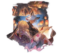  1boy 1girl animal_ears barefoot black_kimono blonde_hair blue_eyes carrying crowd dark_skin djeeta_(granblue_fantasy) erune eustace_(granblue_fantasy) geta granblue_fantasy hair_over_one_eye hand_on_another's_back hand_on_another's_thigh hetero japanese_clothes kimono lantern looking_at_another medium_hair minaba_hideo multiple_views night obi_bow official_art one_eye_covered orange_light outdoors paper_lantern parted_lips pink_kimono princess_carry road short_hair sky standing street tree white_hair 
