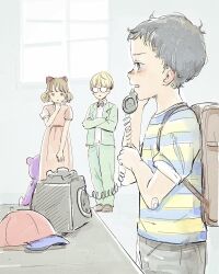  1girl 2boys antique_phone backpack bag bandaid bandaid_on_arm baseball_cap black_bow black_bowtie black_hair blonde_hair blush bob_cut bow bowl_cut bowtie brown_bag brown_eyes brown_hair collared_shirt corded_phone crossed_arms dress freckles glasses green_jacket green_pants hair_bow hand_up hat highres holding holding_phone indoors jacket jeff_andonuts long_sleeves looking_at_another miyakanae mother_(series) mother_2 multicolored_shirt multiple_boys ness_(mother_2) opaque_glasses open_mouth pants paula_(mother_2) phone pink_dress puffy_short_sleeves puffy_sleeves red_bow rotary_phone shirt shoes short_hair short_sleeves shorts standing striped_clothes striped_shirt stuffed_animal stuffed_toy t-shirt table talking_on_phone tearing_up teddy_bear two-tone_shirt unworn_bag unworn_hat unworn_headwear white_shirt window yellow_shirt 