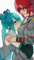  2girls ahoge aqua_eyes aqua_hair bare_shoulders between_breasts blue_necktie blue_trim blush breasts buttons closed_mouth collar commentary_request detached_sleeves double-breasted drill_hair earpiece eye_contact grey_jacket grey_skirt hair_between_eyes hair_ornament hatsune_miku hatsune_miku_(vocaloid6) head_between_breasts heart heart_hair_ornament highres hug jacket kasane_teto kasane_teto_(sv) looking_at_another medium_breasts multiple_girls musical_staff nail_polish necktie nervous_sweating nirai_(i529112) open_mouth red_eyes red_hair red_nails red_trim shirt shoulder_belt shoulder_boards sidelocks simple_background skirt sleeveless sleeveless_shirt sweat synthesizer_v twin_drills utau white_collar wing_collar yuri 