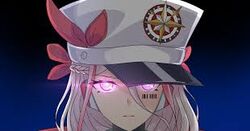  1girl android barcode barcode_tattoo epic_seven expressionless hat landy_(epic_seven) lowres non-web_source peaked_cap red_ribbon ribbon shining tattoo 