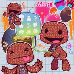  >_< 1boy beaver blush_stickers closed_eyes closed_mouth commentary double_v earth_(planet) english_commentary english_text facing_viewer fake_ad full_body grid_background highres leg_up little_big_planet multiple_views open_mouth planet sackboy smile standing straight-on tingusbungus tongue tongue_out upper_body v zipper 