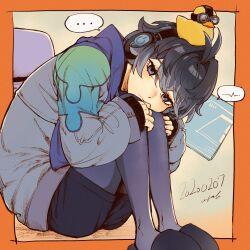  ... 1boy antenna_hair blue_hair blue_scarf closed_mouth colored_skin commentary dated from_side full_body hair_between_eyes hair_intakes hands_on_own_knees headphones highres honkai:_star_rail honkai_(series) hugging_own_legs jacket knees_up leaning_forward long_sleeves looking_at_viewer looking_to_the_side multicolored_hair multicolored_skin on_head orange_background otoke_seki rubber_duck scarf shorts signature slippers solo speech_bubble stephen_lloyd_(honkai:_star_rail) violet_eyes 