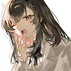  1girl arknights black_hair brown_eyes commentary covering_own_mouth fingernails fumi_(rdbm) grey_sweater hand_over_own_mouth highres light_blush long_sleeves looking_at_viewer medium_hair one_eye_closed open_mouth portrait priestess_(arknights) simple_background solo squeans sweater turtleneck turtleneck_sweater white_background yawning 