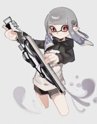  1girl absurdres black_jacket black_shorts closed_mouth commentary_request dolphin_shorts ear_piercing earrings floating_hair grey_background grey_trim highres holding holding_weapon inkling inkling_girl inkling_player_character jacket jewelry kojiro_srnk long_hair piercing red_eyes red_pupils shorts solo splatoon_(series) splatoon_3 standing tentacle_hair weapon white_jacket wide-eyed 