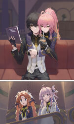  1boy 3girls :3 @_@ absurdres adoptive_parent_and_adoptive_child aemeath_(student)_(wuthering_waves) aemeath_(wuthering_waves) ahoge alternate_costume black_gloves black_hair black_jacket black_pants book braid braided_sidelocks bubble_tea closed_mouth commentary cup disposable_cup drinking_straw drinking_straw_in_mouth english_commentary expressionless father_and_child fingerless_gloves gloves green_eyes hair_between_eyes hair_intakes hand_up highres holding holding_book holding_cup hug hug_from_behind indoors jacket llami_0 long_hair long_sleeves male_rover_(perpetual_spark)_(wuthering_waves) male_rover_(wuthering_waves) multiple_girls necktie official_alternate_costume orange_hair oshi_no_ko pants parent_and_child pink_hair pointy_ears ponytail purple_jacket reading rover_(wuthering_waves) scene_reference sidelocks sitting surprised tacet_mark_(wuthering_waves) veil violet_eyes white_jacket white_veil wuthering_waves yellow_eyes yellow_necktie 