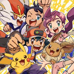  1girl 2boys :3 absurdres aqua_eyes arm_up ash_ketchum baseball_cap black_hair blue_skirt blue_vest blush boots bow bright_pupils brown_eyes brown_pants chloe_(pokemon) cinderace clenched_hand commentary_request dark-skinned_male dark_skin eevee eyelashes footwear_bow goh_(pokemon) grey_shirt hat highres long_hair multiple_boys neckerchief one_eye_closed open_clothes open_mouth open_vest orange_eyes outline outstretched_arm pants pikachu pink_boots pink_neckerchief pokemon pokemon_(anime) pokemon_(creature) pokemon_journeys purple_hair purple_shorts red_hat shirt short_hair short_sleeves shorts skirt smile twitter_username umebosibakari2 vest white_outline white_pupils white_shirt 