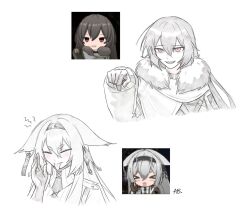  >_< 2girls animal_ears biscuitaart black_hair callsign:_cedar closed_eyes commentary ear_tag elena_(callsign:_cedar) english_commentary fur_trim gloves hair_between_eyes hairband hand_up high_collar highres long_hair long_sleeves multiple_girls open_mouth pointing pointing_down red_eyes reference_inset signature smile tongue tongue_out white_hair 