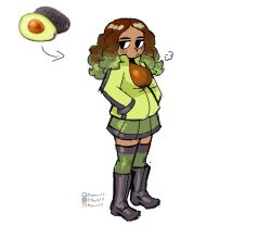  1girl arrow_(symbol) black_boots black_eyes black_trim bluesky_logo bluesky_username blush_stickers boots breasts brown_hair closed_mouth dark-skinned_female dark_skin english_commentary full_body green_jacket green_skirt green_thighhighs hands_in_pockets highres instagram_logo instagram_username jacket jitome large_breasts light_frown looking_to_the_side multicolored_hair original pepeart7 personification photo_inset puff_of_air reference_inset simple_background skirt solo thigh-highs twitter_logo twitter_username two-tone_hair wavy_hair white_background zettai_ryouiki 