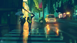  >:( 2boys absurdres alina_l amamiya_ren arm_up bag black-framed_eyewear black_bag black_cat black_eyes black_hair black_jacket black_pants black_shoes blonde_hair book book_on_head building cat city closed_mouth commentary crosswalk english_commentary glasses hand_in_pocket highres holding holding_book holding_umbrella improvised_umbrella jacket long_sleeves looking_at_animal male_focus morgana_(cat)_(persona_5) morgana_(persona_5) motor_vehicle multiple_boys night object_on_head opaque_glasses open_clothes open_jacket outdoors pants persona persona_5 plaid_clothes plaid_pants rain road sakamoto_ryuji scenery school_bag school_uniform shirt shoes short_hair shoulder_bag shuujin_academy_school_uniform sidewalk signature smile transparent transparent_umbrella tree turtleneck turtleneck_shirt twitter_username umbrella v-shaped_eyebrows van walking wet_ground white_shirt white_shoes wide_shot yellow_shirt 