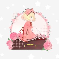  1girl ankle_ribbon back_ribbon baggy_pants blonde_hair blunt_bangs bow chinese_commentary classic_lolita closed_mouth collared_dress commentary_request dress drill_hair flower frilled_dress frilled_pants frilled_sleeves frills from_side full_body green_eyes grey_background hair_bow halftone happy high_heels highres hinaichigo juliet_sleeves knees_up lace-trimmed_dress lace_trim large_bow leaf leg_ribbon light_smile lolita_fashion long_sleeves looking_ahead miqing mixed-language_commentary neck_ribbon on_suitcase pants pants_under_dress pantyhose picture_frame pink_bow pink_dress pink_flower pink_rose pointy_nose puffy_sleeves pumps red_ribbon red_shoes ribbon rose rozen_maiden shoes short_dress short_hair sitting sleeves_past_wrists solo star_(symbol) star_symbol_background suitcase white_pants white_pantyhose wide_sleeves 
