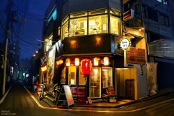  alley artist_name beer_crate bicycle blue_sky cafe commentary dated door english_commentary english_text glass lamppost lantern night no_humans original outdoors paper_lantern power_lines scenery sicuvn sign sky utility_pole window 