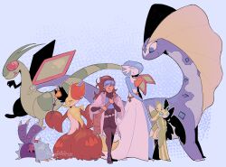  1other 3girls absurdres alternate_color animal_ear_fluff animal_ears aurorus bag black_fur black_pantyhose blue_background blue_eyes blue_gem blue_hair blue_shirt blue_skin brown_bag brown_hair coat colored_skin commentary crop_top delphox dinosaur english_commentary fire flygon flying fox_ears full_body furry furry_female gardevoir gem green_eyes green_skin highres holding holding_stick looking_at_viewer lurantis mareanie multicolored_fur multicolored_hair multicolored_skin multiple_girls orange_eyes pantyhose pokemon pokemon_(creature) pokemon_team ponytail red_eyes red_fur shiny_pokemon shirt simple_background smile snout standing stick sunnydr0pdraws two-tone_hair white_coat white_fur white_skin yellow_fur 