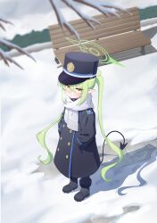  1girl absurdres alternate_costume bench black_boots black_coat blue_archive blush boots branch breath coat commentary demon_girl demon_tail earrings footprints from_above from_side green_hair halo hands_in_pockets hat highres jewelry looking_at_viewer nozomi_(blue_archive) outdoors park_bench pointy_ears scarf shadow single_earring snow solo spade_(3898_spade) tail train_conductor twintails untranslatable_commentary white_scarf winter winter_uniform yellow_eyes 