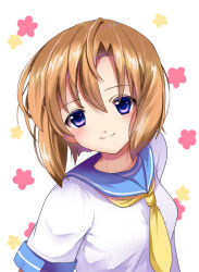  1girl blue_sailor_collar blunt_ends blush bob_cut closed_mouth colored_eyelashes commentary_request hair_between_eyes higurashi_no_naku_koro_ni kurumi_(587864) looking_at_viewer medium_hair neckerchief orange_hair ryuuguu_rena sailor_collar sailor_shirt school_uniform serafuku shirt short_sleeves simple_background smile solo split_mouth tareme upper_body violet_eyes white_background white_shirt yellow_neckerchief 
