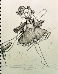 1girl absurdres barefoot chinese_commentary commentary_request curly_hair detached_sleeves dress earrings frilled_dress frills full_body grin highres holding holding_spoon horn_ornament horn_ribbon horns jewelry petroleum photo_(medium) pointy_ears ribbon ripples sheep_horns smile solo spoon touhou toutetsu_yuuma traditional_media wu_yu_wanwan 
