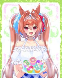  1girl animal_ears bare_shoulders blue_skirt blush breasts brown_hair casual chiffon collarbone commentary_request cupcake daiwa_scarlet_(casual)_(umamusume) daiwa_scarlet_(umamusume) fang food frilled_shirt frills hair_intakes holding holding_plate horse_ears horse_girl long_hair looking_at_viewer off-shoulder_shirt off_shoulder open_mouth plaid_clothes plaid_skirt plate red_eyes shirt skirt smile solo tiara twintails umamusume very_long_hair white_shirt 