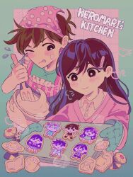  1boy 1girl absurdres alternate_costume antenna_hair apron aubrey_(headspace)_(omori) aubrey_(omori) baking_sheet basil_(headspace)_(omori) basil_(omori) black_eyes black_hair blue_shirt blush bowl bright_pupils brown_hair character_cookie collared_shirt hair_ornament hairclip headscarf hero_(faraway)_(omori) hero_(headspace)_(omori) hero_(omori) highres holding holding_bowl kel_(headspace)_(omori) kel_(omori) long_hair mari_(faraway)_(omori) mari_(headspace)_(omori) mari_(omori) milkymilkyshark mixing_bowl omori omori_(omori) one_eye_closed oven_mitts pink_apron pink_headscarf pink_sweater shirt shirt_under_sweater short_hair short_sleeves smile sweater t-shirt white_pupils white_shirt 