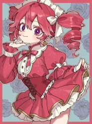  1girl blush bow clothes_lift commentary_request corset drill_hair earrings floral_background flower frills hair_between_eyes hair_bow hand_on_own_chin headdress highres jewelry kasane_teto ktnazm0702 light_smile looking_at_viewer pearl_earrings puffy_sleeves red_eyes red_hair rose sidelocks skirt skirt_lift solo thighs twin_drills utau white_bow white_headdress 