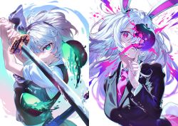  2girls animal_ears apple black_hairband black_jacket blazer breasts commentary_request food fruit green_eyes green_skirt green_vest grey_hair hairband highres hitodama holding holding_sword holding_weapon jacket katana konpaku_youmu konpaku_youmu_(ghost) long_hair looking_at_viewer medium_breasts multiple_girls necktie pink_skirt puffy_short_sleeves puffy_sleeves purple_hair purple_necktie rabbit_ears rabbit_girl rabbit_tail reisen_udongein_inaba shirt short_sleeves skirt sword tail touhou u_u_zan vest violet_eyes weapon white_shirt 