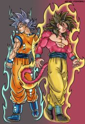  2boys absurdres aura back-to-back black_hair blue_boots blue_shirt body_fur boots dragon_ball dragon_ball_gt dragon_ball_super grey_hair highres in-franchise_crossover male_focus monkey_tail multiple_boys muscular muscular_male orange_pants orange_shirt pants red_fur red_tail shirt son_goku spiky_hair super_saiyan super_saiyan_4 tail topless_male ultra_instinct y0zh0 yellow_eyes yellow_pants 