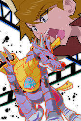  1boy absurdres armor battle_damage blonde_hair blue_armor blue_eyes cyborg digimon digimon_(creature) digimon_adventure digimon_adventure:_bokura_no_war_game highres imars ishida_yamato metalgarurumon open_mouth red_eyes wolf 