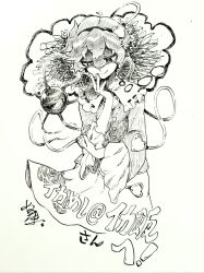  1girl buttons commentary_request commission evil_smile eyeball floral_print frilled_shirt_collar frilled_sleeves frills greyscale hair_ornament hairband heart heart_button heart_hair_ornament komeiji_satori long_sleeves menotama monochrome print_skirt ribbon-trimmed_collar ribbon_trim rose_print signature skeb_commission skirt smile solo speech_bubble third_eye thought_bubble touhou traditional_media translation_request wide_sleeves 