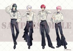  4boys ;) aiguillette alternate_costume arcobale_6 arm_at_side ascot bell-bottoms belt belt_collar black_belt black_bow black_bowtie black_collar black_gloves black_hair black_nails black_pants black_shoes blue_eyes border bow bowtie brooch center_frills closed_mouth collar collared_shirt commentary_request copyright_notice cropped_jacket curtained_hair earrings fingerless_gloves frilled_sleeves frills full_body gloves green_eyes green_streaks grey_background grid_border hair_between_eyes hand_in_pocket hand_on_own_chest hand_on_own_head hand_on_own_neck highres jacket jewelry knight_a lace lace_gloves lace_shirt letterboxed lineup long_hair long_sleeves looking_at_viewer male_focus multicolored_hair multiple_boys nail_polish necklace official_art one_eye_closed outside_border own_hands_together pants parted_bangs parted_lips pearl_necklace pink_hair pleated_pants red_hair sample_watermark shirt shirt_tucked_in shiyun_(utaite) shoes short_hair simple_background sleeve_cuffs smile standing streaked_hair suit_pants tailcoat takeyaki_shou tassel teruto_(utaite) turtleneck turtleneck_shirt utaite vau_(utaite) watermark white_ascot white_border white_hair white_jacket white_shirt yellow_eyes 