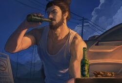  1boy absurdres beard beer_bottle black_hair bottle brown_eyes car chinstrap_beard clouds drinking facial_hair hair_bun highres holding holding_bottle hua_bucheng lips male_focus mature_male motor_vehicle muscular muscular_male mustache no_parking_sign outdoors realistic road_sign short_hair sidelighting sign skewer solo soul_patch table tank_top upper_body where_winds_meet white_tank_top yi_dao_(where_winds_meet) 
