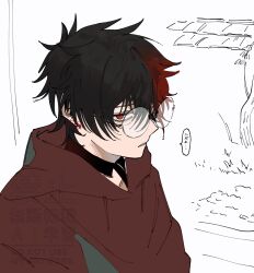  1boy black_hair from_side glasses hair_between_eyes highres hizen_tadahiro hood hoodie jitome looking_at_viewer male_focus multicolored_hair ortgssm parted_lips red_eyes red_hair red_hoodie round_eyewear short_hair solo speech_bubble split-color_hair touken_ranbu twitter_username upper_body watermark white_background 