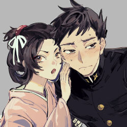  1boy 1girl :o ace_attorney black_hair black_jacket blush brown_eyes brown_hair chinese_commentary chisaihako closed_mouth commentary_request gakuran grey_background hair_ribbon hair_rings hand_up jacket japanese_clothes kimono long_sleeves looking_to_the_side open_mouth pink_kimono ribbon ryunosuke_naruhodo school_uniform short_hair simple_background susato_mikotoba the_great_ace_attorney upper_body whispering 