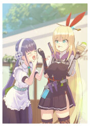  2girls belt blonde_hair blue_eyes closed_eyes commentary_request eating esupuresso fingerless_gloves food gloves green_ribbon hair_bun hair_ornament hair_stick hair_tie heaven_burns_red highres kanzaki_adelheid katana kunai laughing multiple_girls neck_ribbon open_mouth purple_hair ribbon satsuki_mari shish_kebab sword tongue tongue_out weapon 