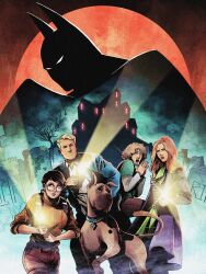  2girls 3boys animal ascot batman batman_(series) blonde_hair blue_collar blue_jacket brown_hair brown_pants building closed_eyes coat colin_craker collar collared_shirt commentary daphne_blake dc_comics dog english_commentary flashlight fred_jones full_moon glasses glowing glowing_eyes green_ascot green_shirt highres jacket layered_sleeves long_coat long_hair long_sleeves moon multiple_boys multiple_girls open_mouth orange_sweater pants purple_coat round_eyewear scooby-doo scooby-doo_(series) shaggy_rogers shirt short_hair short_over_long_sleeves short_sleeves silhouette sweater tree velma_dinkley white_shirt 
