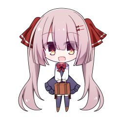  1girl :d alternate_costume bag black_dress black_thighhighs blunt_bangs blunt_ends bow bowtie brown_hair chibi chibi_only commentary_request commission diamond-shaped_pupils diamond_(shape) dress eyes_visible_through_hair fang frilled_dress frills full_body hair_between_eyes hair_ornament hair_ribbon hairclip happy heaven_burns_red highres hime_cut holding holding_bag long_hair long_sleeves ogasahara_hisame open_mouth parallel_hairclips pinafore_dress puffy_long_sleeves puffy_sleeves red_bow red_bowtie red_pupils red_ribbon ribbon sailor_collar second-party_source shirt short_dress sidelocks simple_background skin_fang sleeveless sleeveless_dress smile solo standing straight_hair symbol-shaped_pupils thigh-highs twintails very_long_hair white_background white_sailor_collar white_shirt xi_yue_kong_poi yellow_eyes zettai_ryouiki 