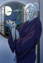  1boy beard closed_mouth clouds commentary_request cowboy_shot facial_hair full_moon grey_hair highres japanese_clothes kimono kiseru long_sleeves looking_at_viewer male_focus moon musasabiop night old old_man one_piece ponytail round_eyewear scar scar_on_face short_hair silvers_rayleigh smoking_pipe solo upper_body wide_sleeves 