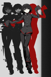 1boy absurdres arm_up black_hair black_jacket black_pants black_shoes chidori_(penguin_matsuno) closed_mouth full_body gakuran glitch highres jacket long_sleeves male_focus monogatari_(series) naoetsu_high_school_uniform oshino_ougi pants school_uniform shoes short_hair silhouette sleeves_past_wrists smile solo standing 