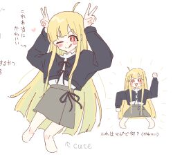  1girl ahoge arrow_(symbol) blonde_hair cho_kaguya-hime! commentary_request cropped_legs double_v emphasis_lines english_text grey_skirt kaguya_(cho_kaguya-hime!) long_hair long_sleeves mixed-language_text one_eye_closed posing red_eyes shioyaki_tomato skirt smile solo tongue tongue_out translation_request v very_long_hair white_background 