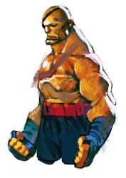  1boy bald belt blue_gloves clenched_hands colored_skin cropped_legs eyepatch facial_hair fingerless_gloves gloves male_focus manly muscular no_pupils red_belt rondangersolo sagat simple_background solo street_fighter street_fighter_ii_(series) topless_male white_background 