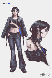  1girl absurdres belt belt_buckle black_belt black_hair black_jacket black_nails black_pants black_shoes black_tank_top blue_eyes buckle butterfly_tattoo closed_mouth color_guide commentary crop_top denim doloyume ear_piercing earphones english_commentary face_piercing hair_between_eyes hand_in_pocket highres jacket jacket_on_shoulders jeans jewelry lip_piercing looking_at_viewer medium_hair midriff multiple_views navel original pants piercing ring shoes shoulder_tattoo simple_background standing tank_top tattoo torn_clothes torn_pants white_background zipper 