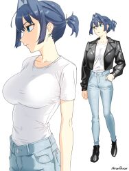  1girl ankle_boots black_boots black_jacket blue_eyes blue_hair boots breasts cowboy_shot dantonphanton denim earrings from_side full_body hair_intakes hand_in_pocket highres hololive hololive_english jacket jeans jewelry large_breasts leather leather_jacket looking_to_the_side open_clothes open_jacket ouro_kronii pants ponytail shirt short_hair short_ponytail simple_background skinny_jeans solo standing straight-on t-shirt taut_clothes taut_shirt virtual_youtuber white_background white_shirt 