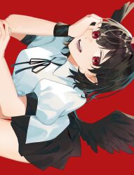  1girl :d absurdres bird_wings black_hair black_skirt black_wings breasts collared_shirt commentary feathered_wings hand_on_own_face hat highres leaning_forward miniskirt open_mouth pleated_skirt pointy_ears pom_pom_(clothes) puffy_short_sleeves puffy_sleeves red_background red_eyes red_hat revision shameimaru_aya shirt short_hair short_sleeves simple_background skirt small_breasts smile solo tokin_hat toraneko_2 touhou white_shirt wings wristband 