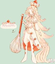 1girl absurdly_long_hair alcremie character_name cocoyuzu7777 commentary_request full_body hat holding holding_whisk humanization long_hair oversized_object pokemon red_eyes simple_background solo standing very_long_hair whisk white_hair white_hat white_romp 