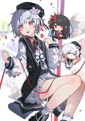  >_< 2girls absurdres beret black_choker black_hair black_hat black_jacket black_shoes chibi chibi_inset choker feet_out_of_frame flower gradient_hair hair_flower hair_ornament hat highres invisible_chair jacket kanshio long_hair long_sleeves looking_at_viewer mahou_shoujo_no_majo_saiban multicolored_hair multiple_girls neck_ribbon necktie nikaido_hiro open_mouth petals pink_eyes pink_hair red_eyes red_flower red_necktie ribbon sakuraba_ema shoes short_hair shorts sitting socks solo_focus white_flower white_hair white_ribbon white_shorts white_socks witch_(manosaba) x_hair_ornament 