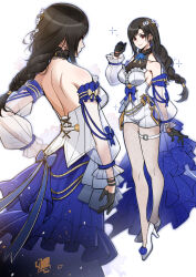  1girl absurdres armband bare_shoulders black_hair blue_flower braid braided_ponytail commentary english_commentary final_fantasy final_fantasy_vii final_fantasy_vii:_ever_crisis flower footwear_flower frilled_armband frills highres leggings_under_shorts lukrevadraws official_alternate_costume official_alternate_hairstyle see-through_cleavage see-through_clothes see-through_sleeves shorts showgirl_skirt single_braid smile solo tifa_lockhart tifa_lockhart_(festive_style) white_shorts 