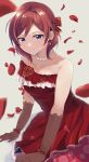  1girl absurdres artar_12 bead_necklace beads closed_mouth commentary_request dress earrings elbow_gloves falling_petals floral_print gloves highres jewelry love_live! love_live!_school_idol_project necklace nishikino_maki official_alternate_costume petals red_dress redhead short_hair sleeveless solo violet_eyes 