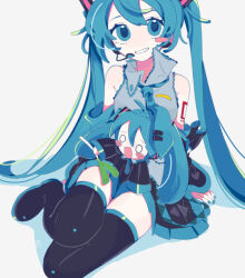  1girl aqua_nails bare_shoulders blank_eyes blue_eyes blue_hair blue_necktie blush boots clenched_teeth collar colored_eyebrows colored_eyelashes detached_sleeves doll dress food frilled_collar frilled_shirt frills grey_shirt hatsune_miku headset holding holding_food holding_spring_onion holding_vegetable long_hair looking_at_viewer necktie number_tattoo shirt sitting smile spring_onion square_hair_ornament tattoo teeth thigh-highs thigh_boots two-tone_dress vegetable vocaloid waniwaniwa zettai_ryouiki 