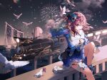  1girl aerial_fireworks bare_legs bird black_gloves blue_skirt blue_sleeves camera clouds collarbone dove english_commentary fireworks foot_out_of_frame gloves ground_vehicle hair_between_eyes hand_on_own_knee highres holding holding_camera honkai:_star_rail honkai_(series) looking_at_viewer march_7th_(honkai:_star_rail) medium_hair night night_sky one_eye_closed outdoors pink_hair shirt singapore single_glove sitting skirt sky smile solo star_(sky) teeth thigh_strap train upper_teeth_only white_bird white_shirt yeurei 