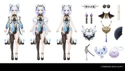 1girl absurdres armpit_crease artist_request bell belt bird blue_eyes blue_fire blue_nails blue_tongue breasts character_request clothing_cutout colored_tongue double_bun fire genmu_kumatori gold_trim hair_bun hand_fan heterochromia highres indie_virtual_youtuber navel navel_cutout neck_bell official_art reference_sheet scroll single_thighhigh small_breasts thigh-highs thigh_belt thigh_strap violet_eyes virtual_youtuber white_background white_hair 