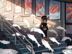  1girl backpack bag black_hair black_hoodie blue_shorts commentary fish full_body hair_between_eyes helmet highres hood hoodie korean_commentary light_rays long_hair long_sleeves looking_ahead myango_(applemangocrape) original poster_(object) print_hoodie railing shorts solo space_helmet stairs tile_wall tiles walking 